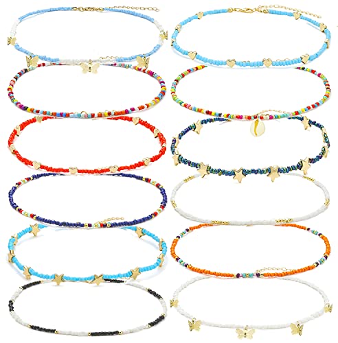 Taouzi 12 Pieces Beaded Choker Necklaces for Women Colorful Beaded Necklace Bulk Butterfly Star Heart Necklace Beach Necklace Vsco Boho Necklaces for Women