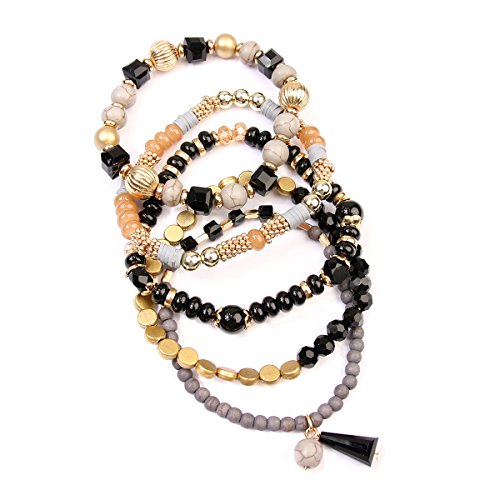 RIAH FASHION Bohemian Mix Bead Multi Layer Versatile Statement Bracelets - Stackable Beaded Strand Stretch Bangles Sparkly Crystal, Tassel Charm (Mix Bead Wood Charm Stretchy Set - Purple)
