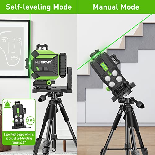 Huepar Laser Level 3 x 360 Self-Leveling Cross Line Laser 3D Green Laser Level with Pulse Mode Alignment Laser Tool with Rechargeable Li-ion Battery, Integrated Magnetic Bracket, Hard Carry Case 703CG