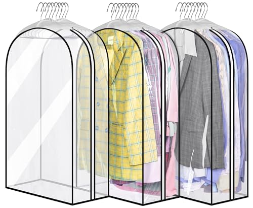MISSLO 32" All Clear Garment Bags for Hanging Clothes 10" Gusseted Suit Bags for Closet Storage Suit Cover Bags Hanging Clothes Storage Bag for Shirts, Coats, 3 Packs