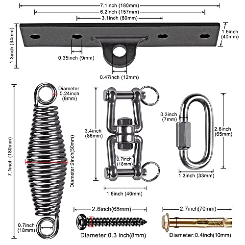 Dolibest Hanging Kits Hammock Chair Hardware, Heavy Duty Swing Hanger with Spring (6MM) for Indoor Outdoor Playground Hanging Chair Hammock Chair Punching Bags, 4 Screws, 4 Expansion Screws