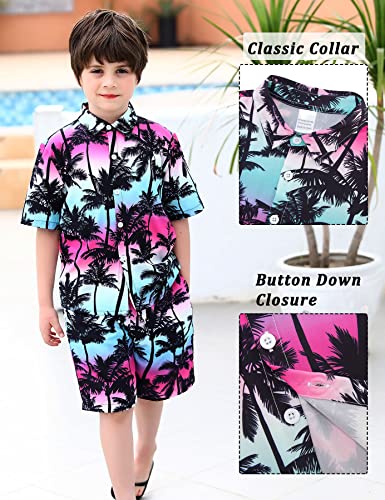 UNICOMIDEA Boys Hawaiian Outfits Kids Beach Outfit for 5-6 Years 2 Pieces Sets Summer Button Down Shirts and Swim Trunks Flamingo Pattern Vacation Party