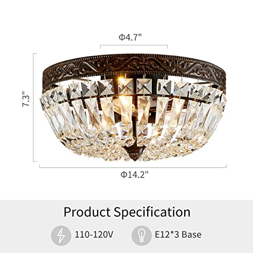 WUZUPS Crystal French Empire Chandelier Semi-Flushmount Ceiling Light Modern Lighting Fixture for Bedroom Hallway Bar Kitchen Bathroom, H 7.3" x W 14.2", Anqitue Black, E12 Base