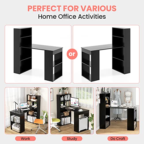 IFANNY 48 Inch Computer Desk with Bookshelf, Reversible Study Writing Desk with Storage Shelves & CPU Stand, Compact Office Desks & Workstations, Black Desk for Bedroom, Kids Room, Study (Black)