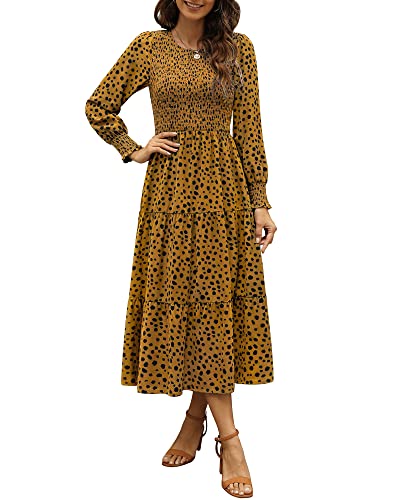 Zattcas Womens Dresses Fall 2024 Wedding Guest Dresses Casual Long Sleeve Boho Floral Smocked Tiered Flowy Modest Work Church Winter Midi Dress Black M