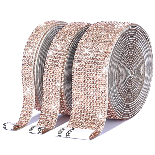 3 Rolls 6.6 Yards Self-Adhesive Crystal Rhinestone Diamond Ribbon,DIY Diamond Ribbon Stickers with 2 mm Rhinestones for Arts Crafts,Bling Silver Ribbon Rolls for Phone,Car Decoration(Champagne)