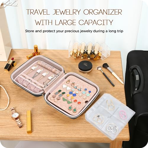 ProCase Medium Travel Jewelry Organizer Case, Jewellry Home Storage Book Ring Binder with Clear Pockets for Presentation, Zippered Pouch Bag for Earrings Necklaces Bracelets -Black
