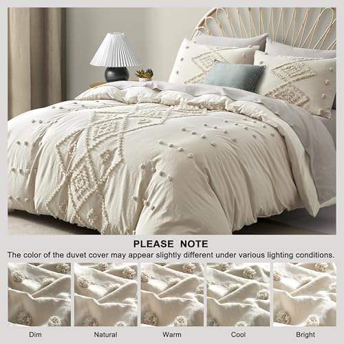 Oli Anderson Tufted Duvet Cover Twin Size, Soft and Lightweight Duvet Covers Set for All Seasons, 2 Pieces Boho Embroidery Shabby Chic Bedding Set (Beige, Twin, 68" x 90")