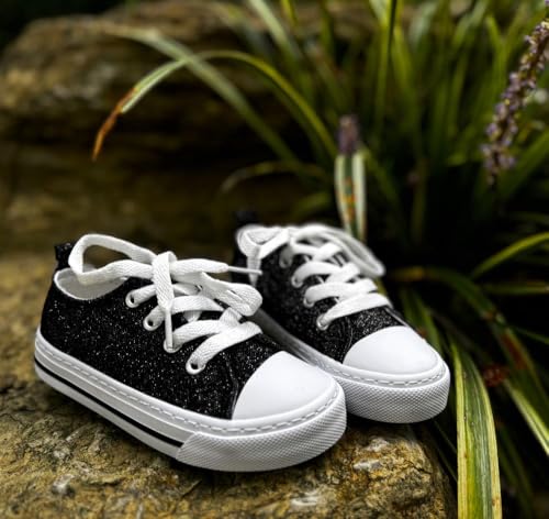 HugRain Toddler Girls Sneakers Walking Shoes Kids Child Sparkle Glimmer Fashion Glitter Adorable Lace Up Lightweight Low Top Non-Slip Outdoor Black Size 8