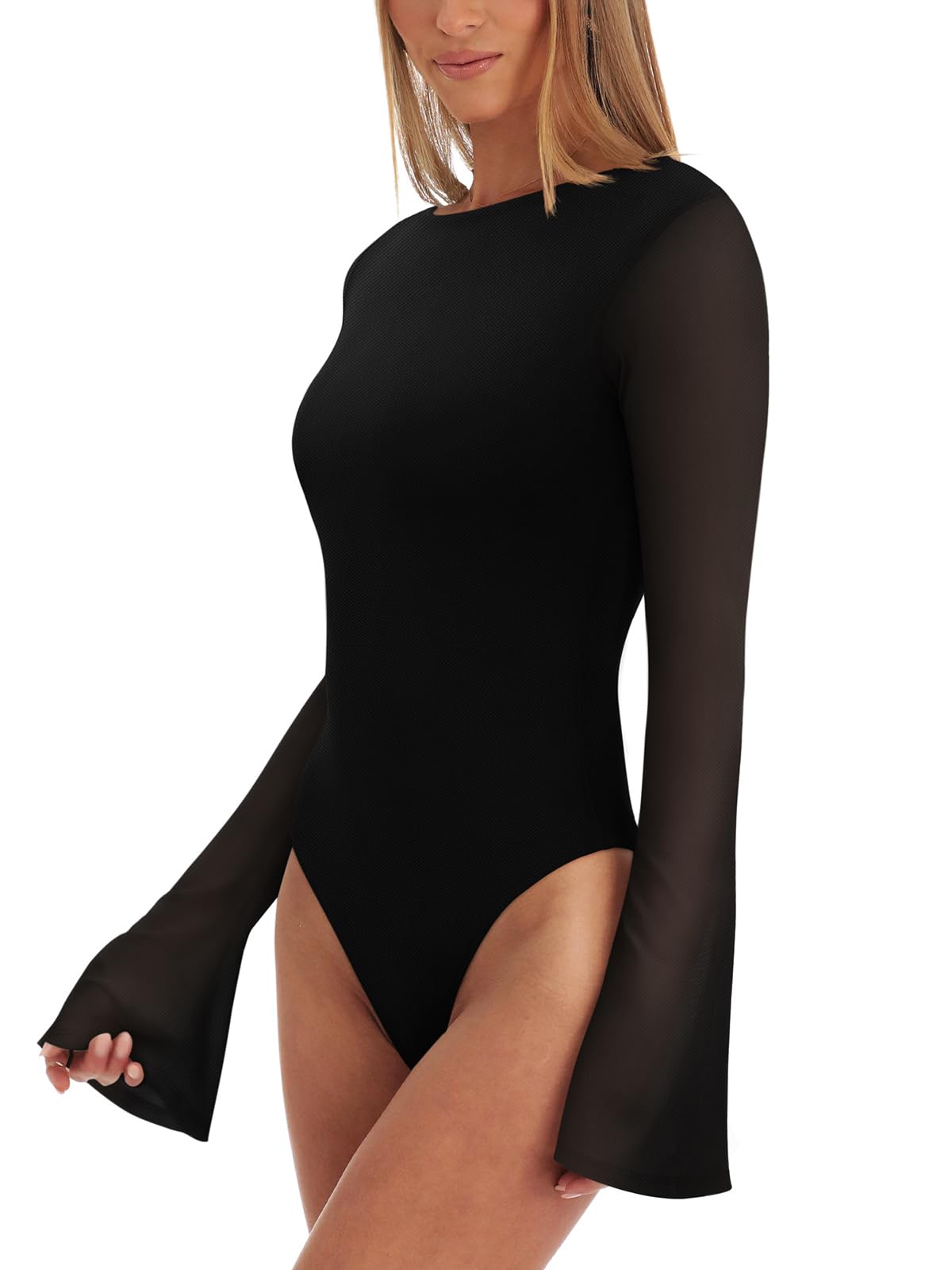 REORIA Women's Fall Trendy Sexy Boat Neck Long Sleeve Sheer Mesh Slimming Going Out Bodysuit Tops For Vacation Black Large-
