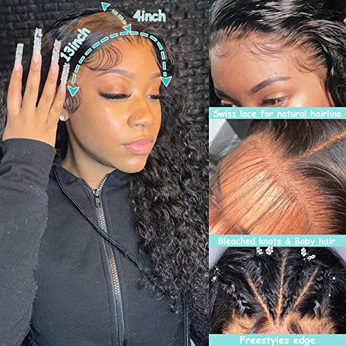ABSFWIW 18Inch Deep Wave Lace Front Wigs Human Hair-13x4 HD Transparent Deep Wave Frontal Wigs Glueless Curly Wigs for Women 180% Density Curly Lace Front Wigs Human Hair Pre Plucked with Baby Hair