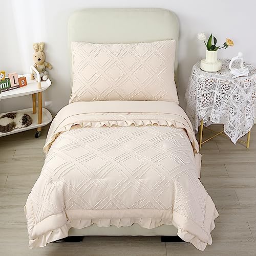 ZRNBAST Pink Toddler Bedding Set for Girls with Ruffle, Cozy Blush Tufted Toddler Bed Set 4-Piece Embroidery Shabby Toddler Comforter Set Include Comforter, Pillowcase, Flat Sheet, Fitted Sheet