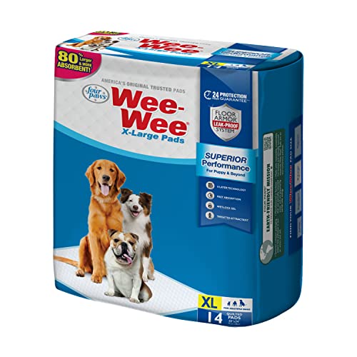 Four Paws Wee-Wee Superior Performance XL Pee Pads for Extra Large Dogs, Leak-Proof Floor Protection Dog & Puppy Quilted Potty Training Pads, Unscented, 28" x 34" (14 Count)