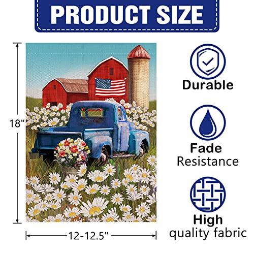 Dyrenson 4th of July Patriotic Welcome Memorial Day Garden Flag Double Sided, Rustic Farm Old Red Truck House Yard Flag, Daisy Garden Yard Flower Decorations, USA Outdoor Flag 12.5 x 18 Gift