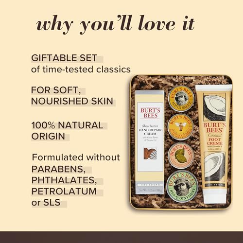 Burt's Bees Christmas Gifts, 6 Stocking Stuffers Products, Timeless Minis Kit - Original Beeswax Lip Balm, Coconut Foot Cream, Milk Honey Body Lotion, Deep Cleansing Cream, Res-Q Ointment & Hand Salve