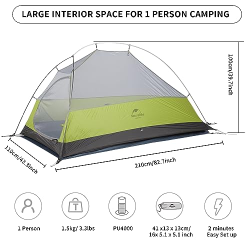 Naturehike Cloud-Up 1 Person Tent Lightweight Backpacking Tent for One Man, Waterproof Ultralight Single Person Tent, Double Layer One Person Tent for Camping Hiking Backpacking