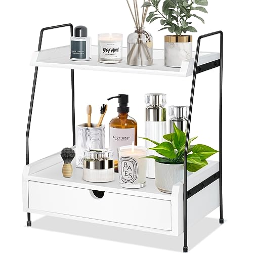 Y&ME YM 2-Tier Wood Bathroom Countertop Organizer with Drawer, 15.2"x7.5"x2.3"