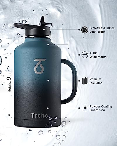 Trebo 64 oz Water Bottle Insulated with Handle, Half Gallon Stainless Steel Metal Large Jug, Travel Flask with Straw Spout Lid, Mug Tumbler Cup with Carry Pouch, Keep Cold Hot, Indigo Black