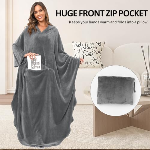 Gentlewarm Travel Blanket Flannel Foldable Wearable Blanket with Hood Giant Zippered Pocket Super Soft Cozy for Couch Lovers One Size Fits All Woman Man