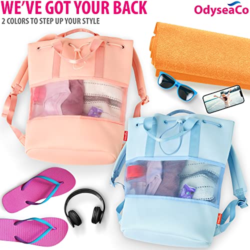 Odyseaco Beach Backpack Lightweight (Blue) - Neoprene Drawstring Beach Bags for Women Waterproof Sandproof - Ideal for Gym, Workout and Pool