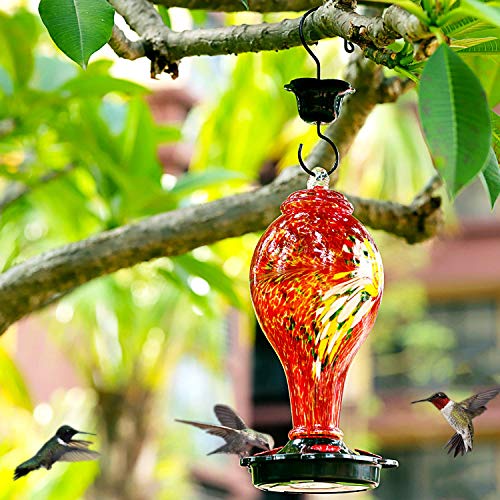 LUJII Hand Blown Glass Hummingbird Feeder for Outdoors Hanging with Ant Guard, 25 fl.oz, Leak Proof & Rustproof, Metal Base with 5 Feeding Ports & 5 Perches, Unique Garden & Backyard Decor (Purple)