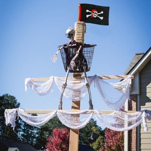 TOPFLAGS Pirate Boat Flag 12x18 Inch Jolly Roger Red Scarf Flag Embroidered Nylon with 2 Brass Grommets 4 Stitching Rows Heavy Duty Fade Proof Water-resistant Skull Banner for Outdoor Indoor