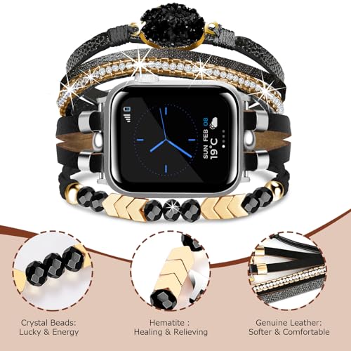 Bracelet Work for Apple Watch Band 41mm 40mm 38mm, Boho Chic Leather Strap for Series 9 Apple Watch Band Women with Rose Gold Metal Buckle, Multilayer Wrap for iWatch Series 8 7 6 SE 5 4 3 Black