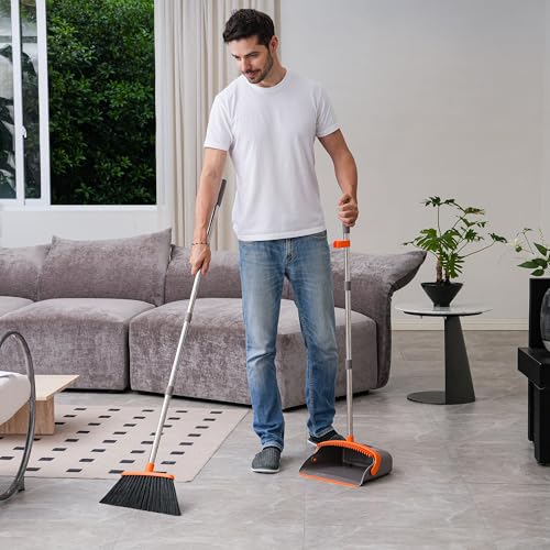 BSKLIN Heavy-Duty Broom and Dustpan Set for Outdoor Broom with Dust pan for Home Commercial Cleaning Supplies Angle Broom with Long Handle Perfect for Courtyard Garage Lobby Mall Market Street