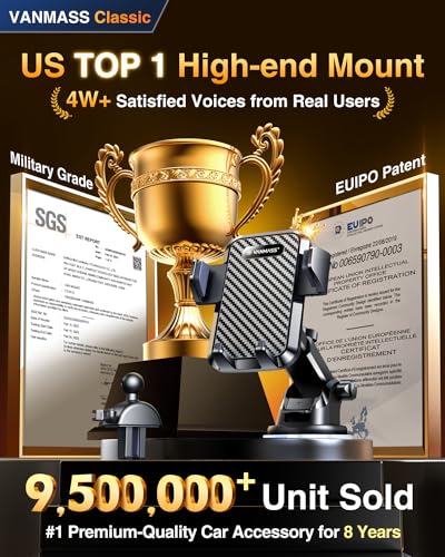 VANMASS ใ65+LBS Strongest Suction & Military-Grade 2024 Ultimate Car Phone MountใPatent & Safety Certsใ Cell Phone Holder Truck Stand for Dashboard Windshield Vent for iPhone 15 Pro Max 14 Samsung