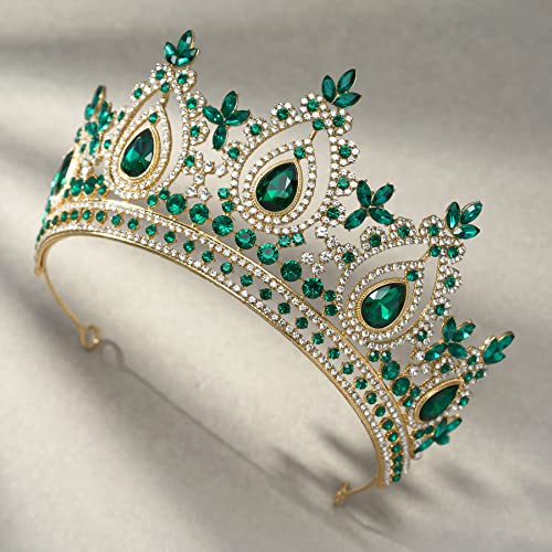 SWEETV Green Queen Crown for Women, Wedding Tiara for Bride, Gold Princess Tiara, Quinceanera Pageant Crown Diadem, Crystal Headpiece for Birthday Prom Pageant Halloween