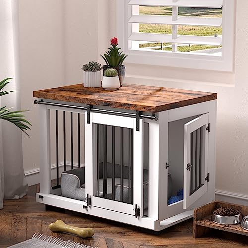 Zakkart Dog Crate Furniture Barn Door for Medium Dogs Up to 40 lbs. - Puppy Kennel w/Thickened Farmhouse Top & Steel Bars - 30'' Wide - White Decorative Modern Dog Crate Table, End Table, Nightstand