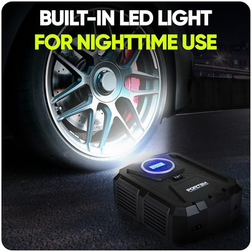 FORTEM Tire Inflator 150 PSI, Bike Pump, 110V AC 12V DC Air Pump for Car Tires, Digital Tire Pressure Gauge w/Auto Pump/Shut Off, Carrying Case (Black)