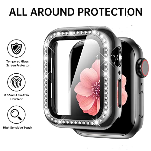 Mesime Compatible with Apple Watch Band 38mm 40mm 41mm 42mm 44mm 45mm , Women Girl Bling Diamond Jewelry Metal Strap Bands with Crystal Tempered Glass Screen Protector Case, Round Shiny Bracelet