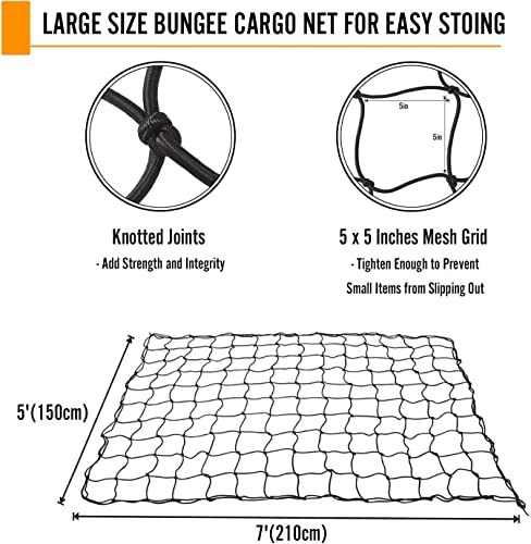 Seven Sparta 5’ x 7’ Bungee Cargo Net Stretches to 10' x 14' for Truck Bed, Pickup Bed, Trailer, Trunk, SUV with 16 Bonus D Clip Carabiners Car Organizer Net for Large Loads (Black)