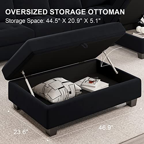 Belffin Velvet Convertible 4-Seat Sectional Sleeper Sofa with Reversible Chaise Sleeper Sectional Couch Bed with Storage Ottoman Sectional Sofa Couch Set Black