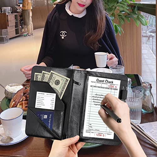 Server Books for Waitress,PU Leather Waiter Book Server Wallet with Zipper Pocket, Cute Waitress Book&Waitstaff Organizer with Money Pocket Fit Server Apron, Green Tree (Blue Flying Butterfly, Medium)