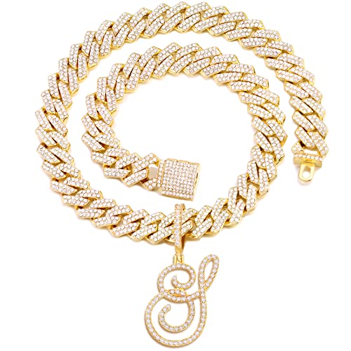 PTJDSMF Gold Silver Plated Initial Cuban Link Chain Necklace for Women Cursive Letter Gold Miami cuban link chain Iced out chain with pendant for women (Silver, T)