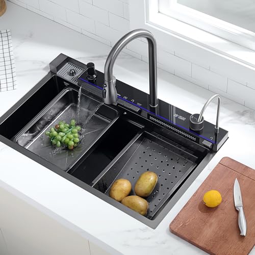 Lefton 29.5"x 18.25" 304 Stainless Steel Kitchen Workstation Sink with Pull-down Faucet, Waterfall & Rainfall Outlet, Temperature Display in Tempered Glass, Grey, KS2206
