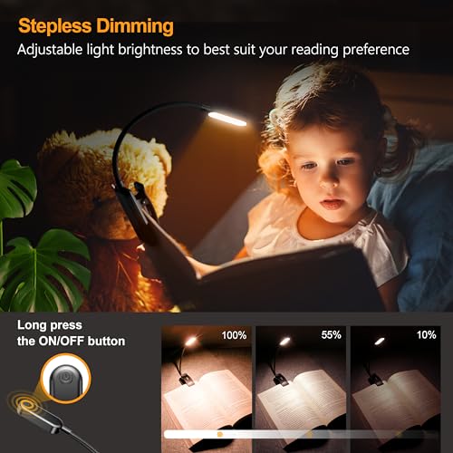 Gritin 16 LED Rechargeable Book Light for Reading in Bed-Eye Caring 3 Color Temperatures, Stepless Dimming Brightness,80Hrs Runtime,Lightweight Flexible Clip On Book Light for Book Lovers-White