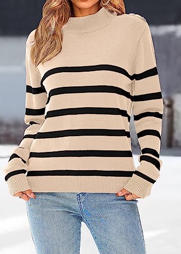 KIRUNDO Women's 2024 Fall Winter Long Sleeve Knit Sweater Turtleneck Striped Loose Pullover Tops Deco with Metal Buttons(Medium, Gray)