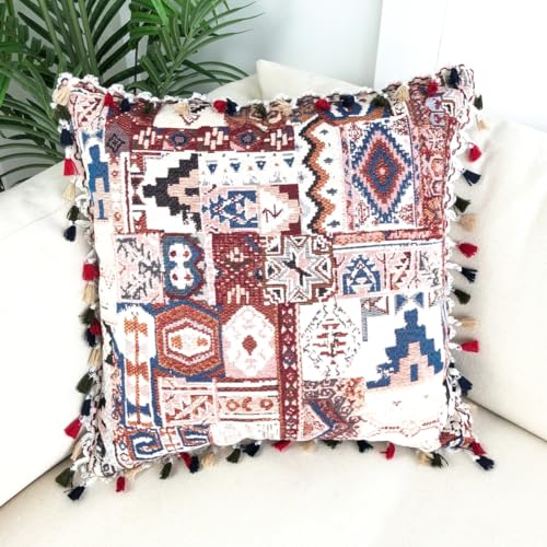 AGOKABA Decorative Boho Throw Pillow Covers 18x18 Inch for Living Room Couch Bed Sofa,Throw Pillow Cover with Tassel Colorful Bohemian Tufted Pillowcase for Sofa Home Decor,Pack of 1(Beige)