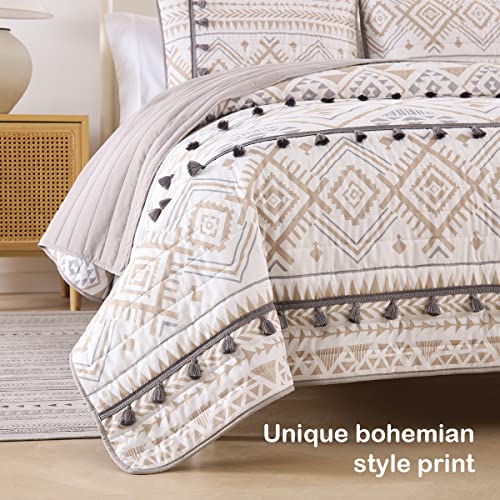 HORIMOTE HOME Boho Style Beige Twin Quilt Set with Tassle, Soft and Lightweight Bedspread for All Season, Twin Size Bed Coverlet with 1 Matching Pillow Sham (2 Pieces)