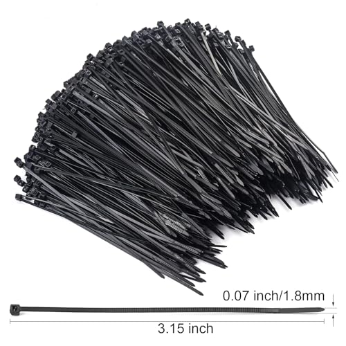 1000 Pcs Black Zip Ties, 3 Inch Small Self-Locking Nylon Cable Ties, Premium Thin Plastic Wraps Wire Ties for Indoor and Outdoor (Black)