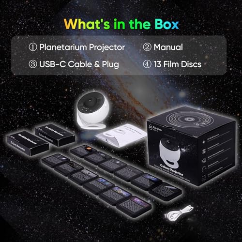 Galaxy Projector for Bedroom, HD Image Star Projector Galaxy Light Adjustable Knob, 13 Film Discs Planetarium Projector for Kids, 360° Rotating 1/2h Timer Simple 3-Button Control
