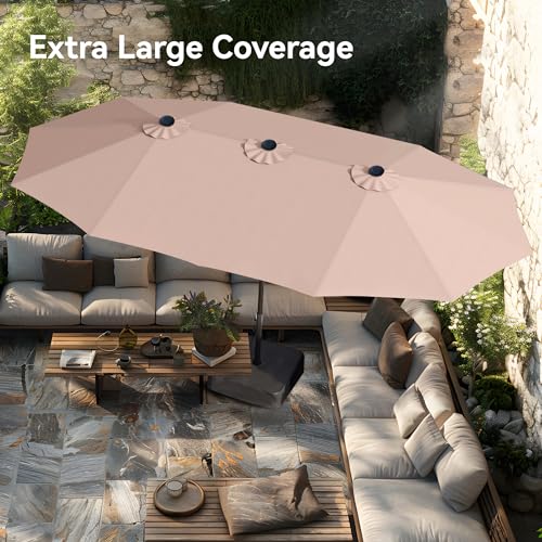 PHI VILLA 15ft Large Patio Umbrellas with Base Included, Outdoor Double-Sided Rectangle Market Umbrella with Crank Handle, for Poolside Lawn Garden, Beige