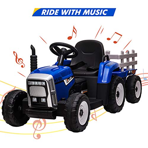 Nasitip 12V Kids Battery Powered Electric Tractor with Trailer, Toddler Ride On Car w/Remote Control/ 7-LED Headlights/ 2+1 Gear Shift/ MP3 Player/USB Port for Kids 3-6 Years (Blue, 25W/ Tread Tire)