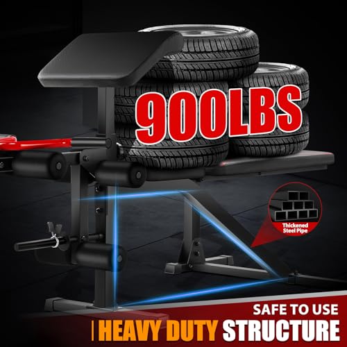 OPPSDECOR Weight Bench Set with Barbell/Squat Rack, 900LBS Heavy Duty Pro Bench Press Set with Leg Curl/Extension and Preacher Curl, Adjustable Full-Body Workout Bench for Home Gym Fitness (Darkred)