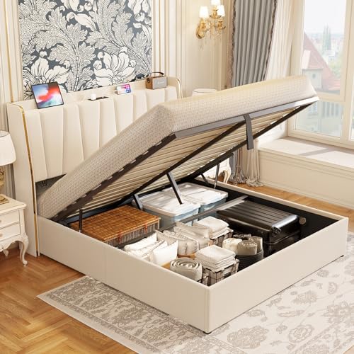 Koorlin Lift Up Storage Bed Frame Full Size with Type C & USB Charging Station Port, Adjustable Wingback Headboard, Velvet Upholstered Lift Up Storage Platform Bed Frames No Box Spring Needed, Beige