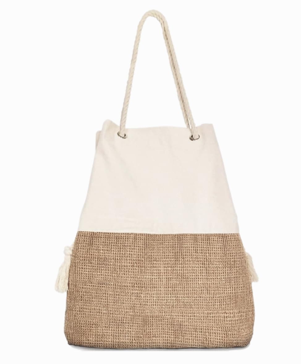 TRIBECA TRIBE Large Beach Tote - Women's Travel Tote with Hat Holder - Perfect for Vacation (Beige)