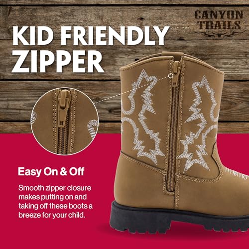 Canyon Trails Premium Kids Cowboy Boots - Comfort Fit, Breathable Cowboy Boots for Boys & Girls, Rounded Toe Style - Durable & Stylish Western Wear, Faux Leather Cowboy Boots for Kids (Brown)